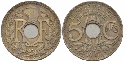 ФРАНЦИЯ 5 САНТИМОВ 1918 ТИП ЛИНДАЙЁ KM 865, LE FRANC 121.2 медно-никель 28-335