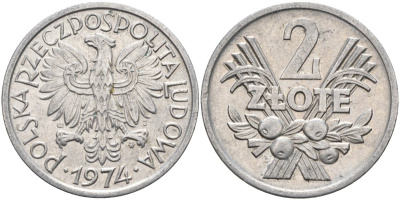 Польша 2 злотых 1974 MW, Народная Республика KM 46, Parchimowicz 216h алюминий 4401-354