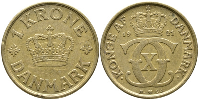 ДАНИЯ 1 КРОНА 1941 N; GJ, КРИСТИАН X (1912-1947) KM 824.2 алюминиевая бронза 32-313