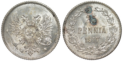 Россия для Финляндии 25 пенни 1917 S, временное правительство, без короны KM 19, Биткин 2 серебро аUNC 71-162