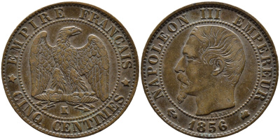 ФРАНЦИЯ 5 САНТИМОВ 1856 K, НАПОЛЕОН III (1852-1870) KM 777.5, LA FRANC 116.34 бронза 4393-1235