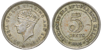 Британская Малайя 5 центов 1943 Георг VI (1937-1952) KM 3a серебро 53-128