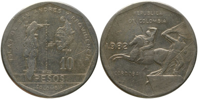 Колумбия 10 песо 1982 KM 270 никель латунь 4565-332