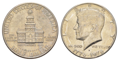 США 1/2 доллара (50 центов) 1976 D, 200 лет независимости, Джон Кеннеди KM 205 медь плакированная медно-никелем aUNC 4545-932