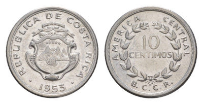 Коста-Рика 10 сентимо 1953 KM 185.1a нержавеющая сталь UNC 4644-334