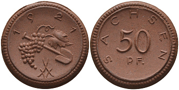 Саксония 50 пфеннигов 1921 виноград и лопата J. N 54 фарфор 1094-4-63