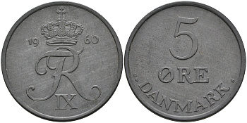 Дания 5 эре 1960 C; S, Фредерик IX (1947-1972) KM 843.2 цинк UNC 4565-735