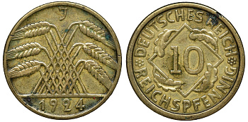 Германия 10 рейхспфеннигов 1924 J KM 40, J. 317, Weege 9 алюминиевая бронза 72-1543
