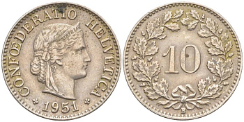 ШВЕЙЦАРИЯ 10 РАППЕНОВ 1951 В KM 27 медно-никель 55-232