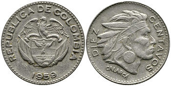 КОЛУМБИЯ 10 СЕНТАВО 1959 КАЛАРКА KM 212.2 медно-никель 4549-622