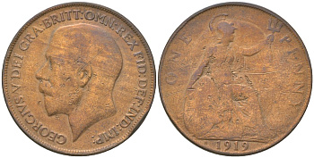 Великобритания 1 пенни 1919 H, Георг V (1910-1936) KM 810, Spink 4052 бронза    69-512