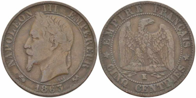 Франция 5 сантимов 1863 K, Наполеон III (1852-1870) KM 797.3, Le Franc 117.10 бронза 108-542
