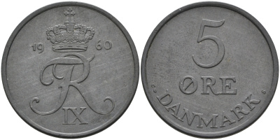 Дания 5 эре 1960 C; S, Фредерик IX (1947-1972) KM 843.2 цинк UNC 4565-735
