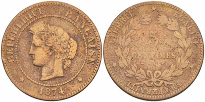 ФРАНЦИЯ 5 САНТИМОВ 1874 A, ТРЕТЬЯ РЕСПУБЛИКА (1871-1940) KM 821.1, LE FRANC 118.10 бронза 108-721