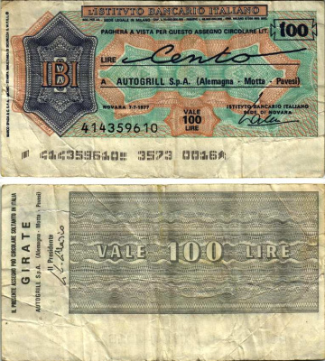 Италия чек на 100 лир 1977 7 июля 1977, L'Istituto Bancario Italiano бумага 435-27-2-1