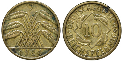 Германия 10 рейхспфеннигов 1924 J KM 40, J. 317, Weege 9 алюминиевая бронза 72-1543