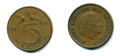 НИДЕРЛАНДЫ 5 ЦЕНТОВ 1964 ЮЛИАНА KM 181 бронза 76-431