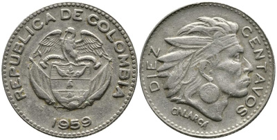 КОЛУМБИЯ 10 СЕНТАВО 1959 КАЛАРКА KM 212.2 медно-никель 4549-622