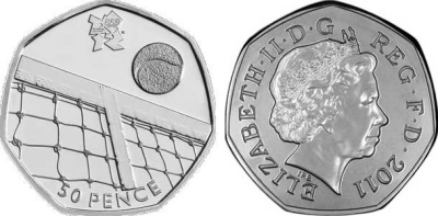 Великобритания 50 пенсов 2011 XXX летние Олимпийские игры в Лондоне в 2012 году, настольный теннис, в оригинальном картонном буклете, с Олимпийской голограммой (22/29) KM 1180 медно-никель  UNC  3-6-6-15