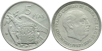 ИСПАНИЯ 5 ПЕСЕТ 1957 (64) ФРАНСИСКО ФРАНКО ДИКТАТОР ИСПАНИИ (1939-1975) KM 786 медно-никель 4395-356