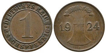 ГЕРМАНИЯ 1 РЕЙХСПФЕННИГ 1924 J KM 37, J.313 бронза 4380-1069