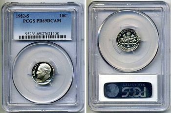 США 10 центов (дайм) 1982 S, президент Рузвельт, в слабе PCGS PR69CAM KM 195а медь плакированная медно-никелем PROOF 15-002-04