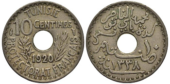 ТУНИС 10 САНТИМОВ 1920 АН1338, MOHAMMAD al-NASIR BEY KM 243 никель бронза 4182-1144