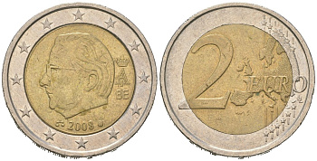 Бельгия 2 евро 2008 BE, Альберт II (1993-2013) KM 281 биметалл 110-454