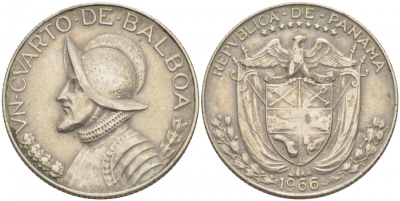 Панама 1/4 бальбоа 1966 Васко Нуньес де Бальбоа KM 11a медь плакированная медно-никелем 259-953