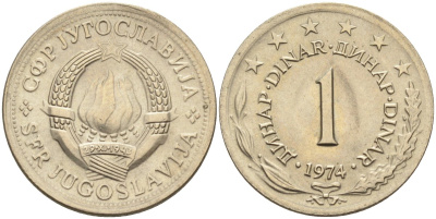 Югославия 1 динар 1974 KM 59 медь никель цинк UNC 4582-934