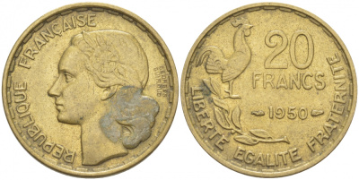 ФРАНЦИЯ 20 ФРАНКОВ 1950 ПОЛНАЯ ПОДПИСЬ, 3 ПЕРА KM 916.1 алюминиевая бронза 77-926