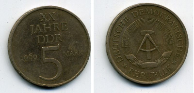 ГДР 5 марок 1969 А, 20 лет ГДР KM 22.1, J. 1524 никель бронза 36-244