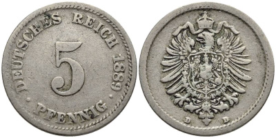ГЕРМАНИЯ 5 ПФЕННИГОВ 1889 D, СТАРОГЕРБОВКА KM 3, Jager 3, Weege 5 медно-никель 4547-313