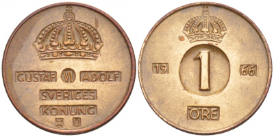 Швеция 1 эре 1966 U Густав VI Адольф (1950-1973) KM 820 бронза 4547-1051