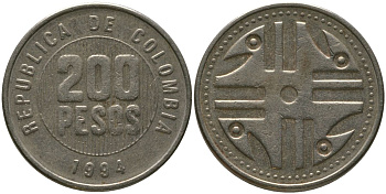 Колумбия 200 песо 1994 KM 287.1, Schon 113, Restrepo 446 никель латунь 4538-316