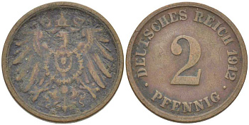 Германия 2 пфеннига 1912 A KM 16, J. 11, Weege 4 медь 212-354