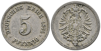 ГЕРМАНИЯ 5 ПФЕННИГОВ 1875 A, СТАРОГЕРБОВКА KM 3, J. 3 медно-никель 39-363