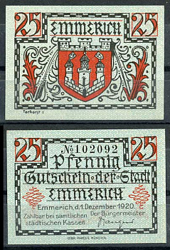 Германия, Эммерих 25 пфеннигов 1920 нотгельд, голубая, 1.12.1920 Tieste 1710/25 бумага UNC (пресс) 8614-41-1-1
