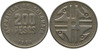 Колумбия 200 песо 1994 KM 287.1, Schon 113, Restrepo 446 никель латунь 4538-316