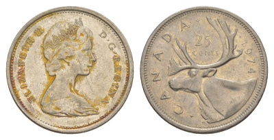 Канада 25 центов 1974 Елизавета II (1952-2022), олень KM 62b никель 4631-617