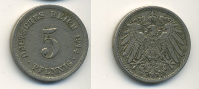 ГЕРМАНИЯ 5 ПФЕННИГОВ 1914 A, KM 11, J. 12 медно-никель 54-547