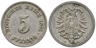 ГЕРМАНИЯ 5 ПФЕННИГОВ 1875 A, СТАРОГЕРБОВКА KM 3, J. 3 медно-никель 39-363