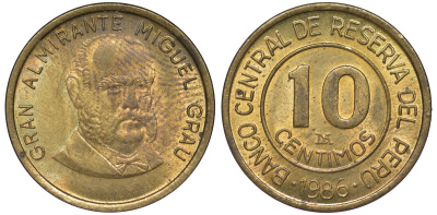 Перу 10 сентимо 1986 Мигель Грау Семинарио KM 293 латунь aUNC 4189-724