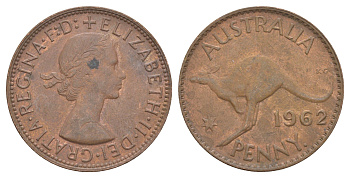 Австралия 1 пенни 1962 p, Елизавета II (1952-2022), кенгуру KM 56 бронза 4179-244