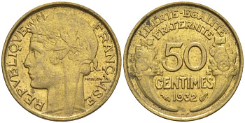 ФРАНЦИЯ 50 САНТИМОВ 1932 ТИП MORLON, OPEN 9, С ЯГОДОЙ KM 894.1, LE FRANC 192.7 алюминиевая бронза 44-717