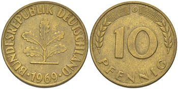 ФРГ 10 ПФЕННИГОВ 1969 G KM 108, J. 383 сталь плакированная латунью 4182-811