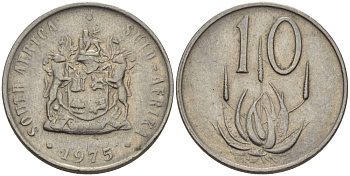 ЮАР 10 ЦЕНТОВ 1975 ГЕРБ, ЦВЕТОК АЛОЭ KM 85 никель 67-416