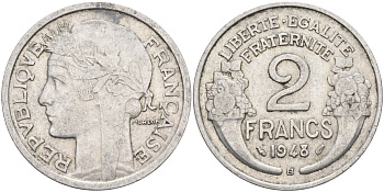 Франция 2 франка 1948 В, тип Morlon KM 886а.2, Le Franc 269.13 алюминий 4126-915
