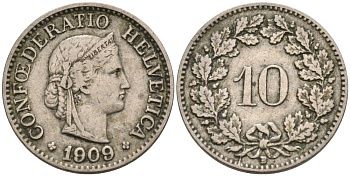 Швейцария 10 раппенов 1909 В KM 27 медно-никель 4564-965