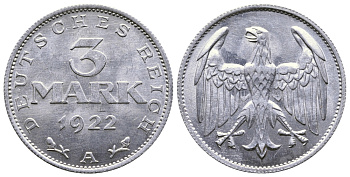 ГЕРМАНИЯ 3 МАРКИ 1922 А KM 28, J. 302 алюминий 4380-713